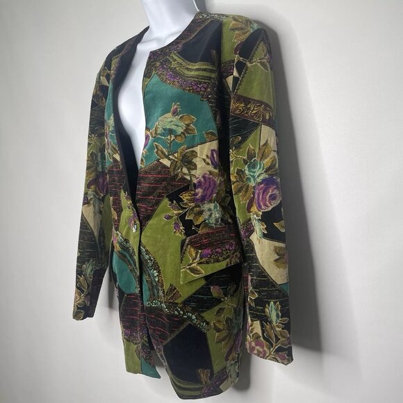 Vintage 80s Bestini Green Black Floral Patchwork Velvet Blazer Jacket - Picture 7 of 8